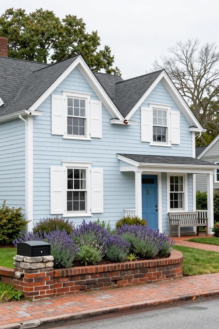 Light blue clapboard house with white trim, shutters, gabled black roof, front porch with blue door and bench, lavender plants in brick-edged bed, brick walkway.