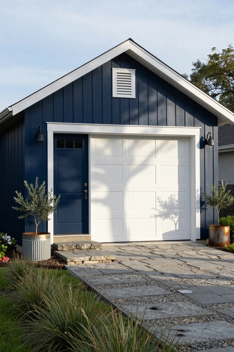A detached garage with navy blue board-and-batten siding, white gable trim and garage door, blue entry door, black wall lanterns, potted olive trees, and a stone paver pathway.
