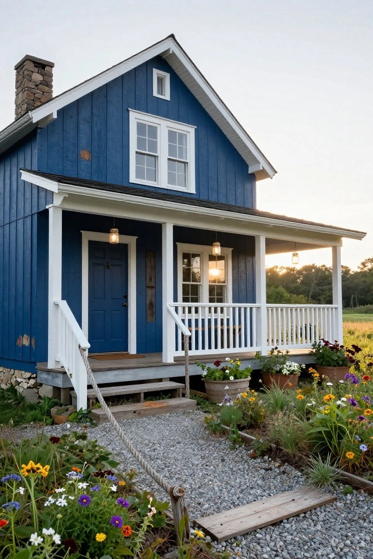 A small gable-roofed house painted navy blue with white trim, featuring a covered front porch with lanterns, steps, and a gravel path leading through colorful flower beds.
