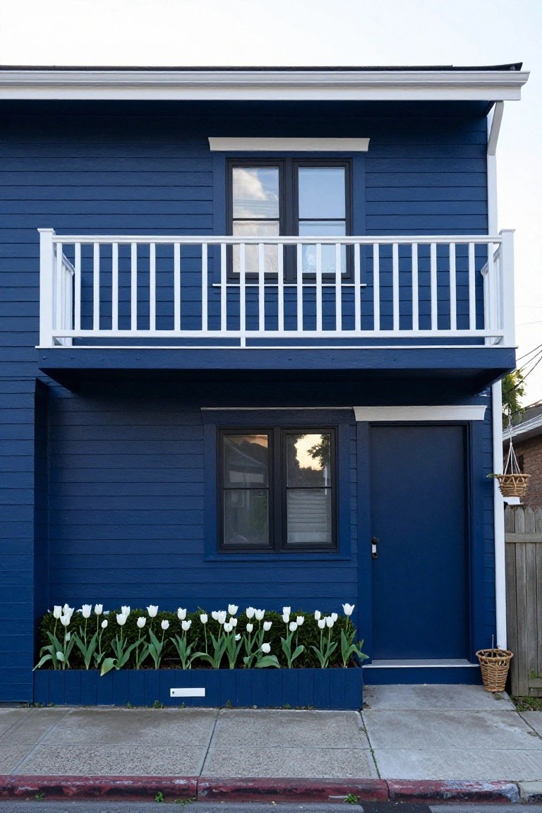 Navy blue two-story house exterior with white trim on balcony railing and eaves, black-framed windows, blue front door, white tulips in blue planter box, and woven basket on porch.