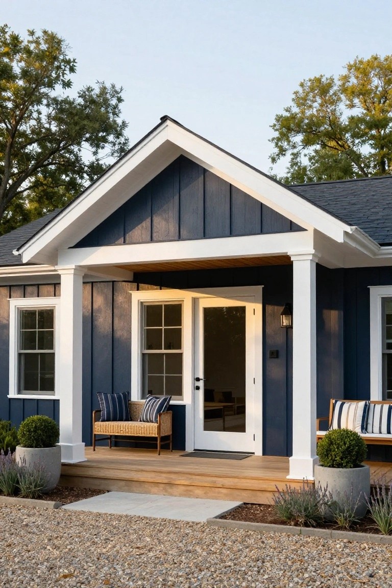 Front view of a small navy blue board-and-batten house with white gabled porch, columns, double glass door, wicker chairs with cushions, potted plants, and gravel driveway.