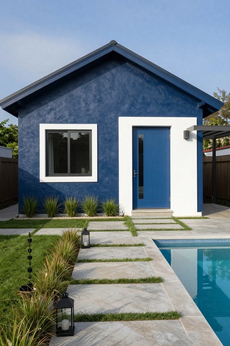 Small modern house with textured navy blue stucco walls, white plaster trim framing a dark window and blue entry door, stone paver path with grass strips and plants leading to an in-ground pool.