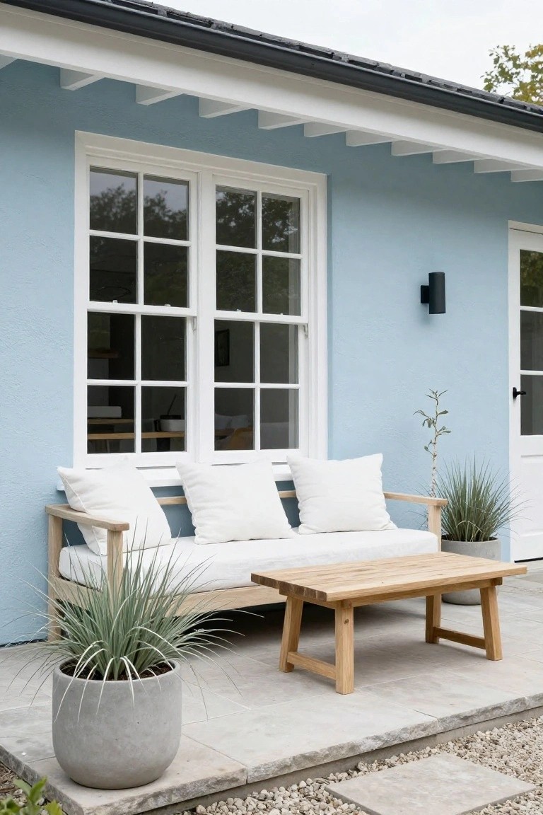 Pale blue house wall with white trim and double-hung windows beside a white door, featuring a wooden bench with white cushions, wooden low table, and large potted grasses on a tiled porch floor.