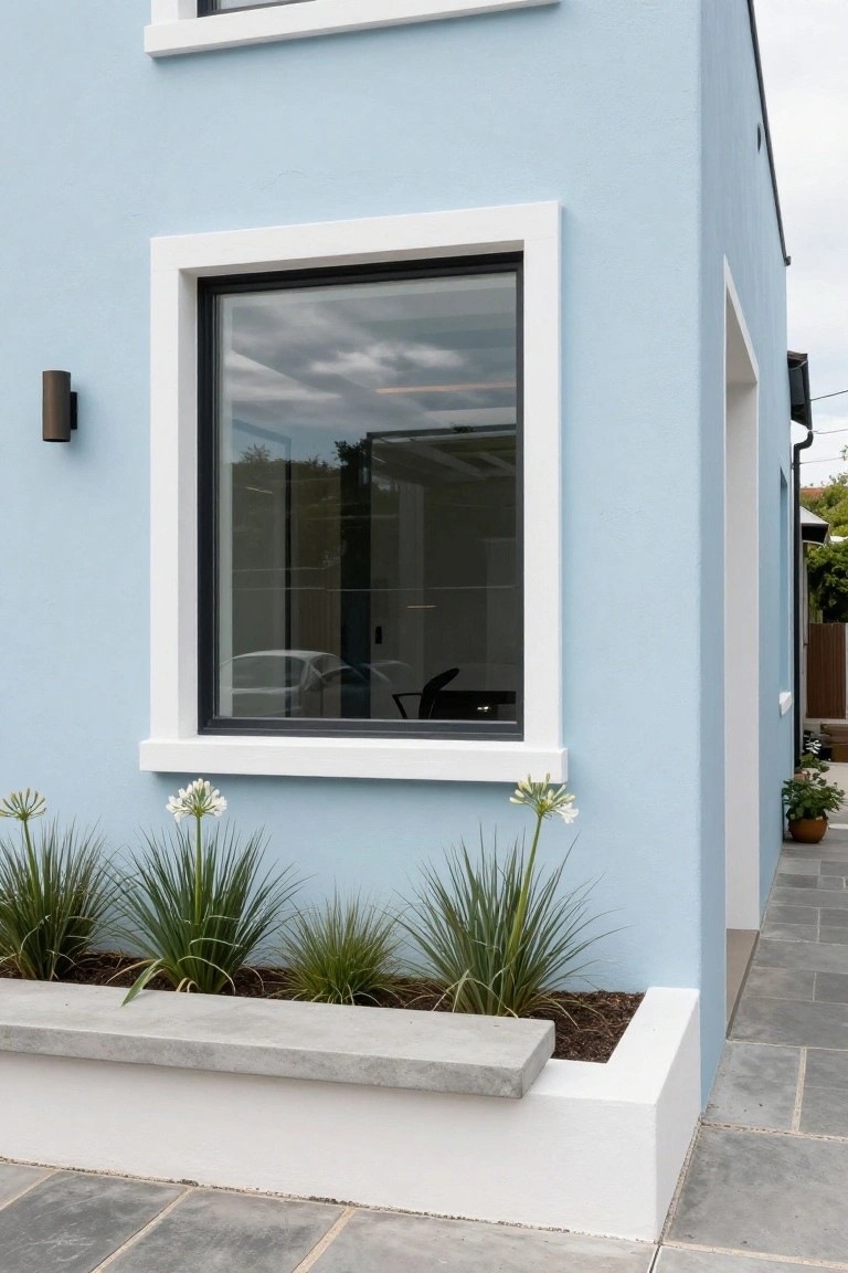 Light blue stucco house exterior corner showing a tall black-framed window with white trim, agapanthus plants in a concrete raised planter bed, and gray slate paving along a white base.