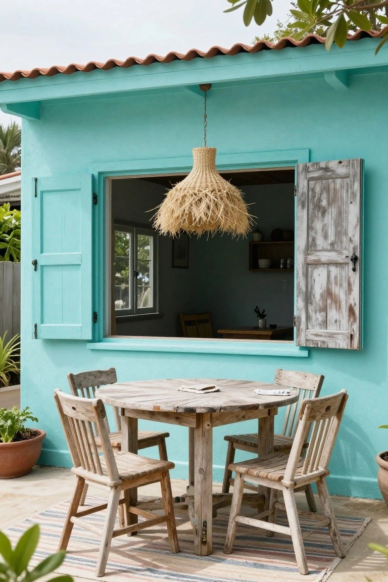 Turquoise painted cabana exterior with open wooden shutters, rattan pendant lamp hanging from ceiling, wooden round dining table and four chairs on tiled patio surrounded by potted plants.