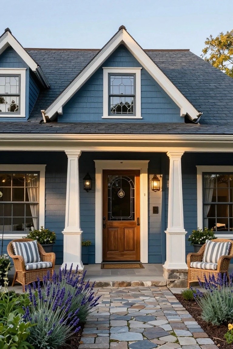 Front view of a navy blue clapboard house with white trim, gabled roof, covered porch with columns, stained wooden front door, two wicker chairs, lavender plantings, and stone pathway.