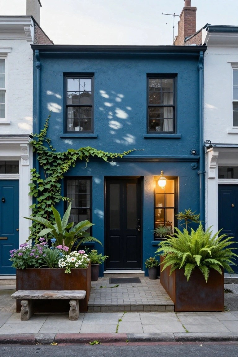 A narrow two-story terraced house painted deep blue with black-framed windows and double doors, ivy climbing the left wall, potted ferns and flowers flanking the entrance, a lit lantern above the door, and a stone bench on the sidewalk, flanked by white neighboring houses.
