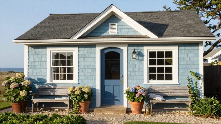 Small light blue shingled cottage with white trim, navy arched door, multipane windows, flanked by purple hydrangeas in terracotta pots, wooden steps to gravel path, beach and dunes in background.