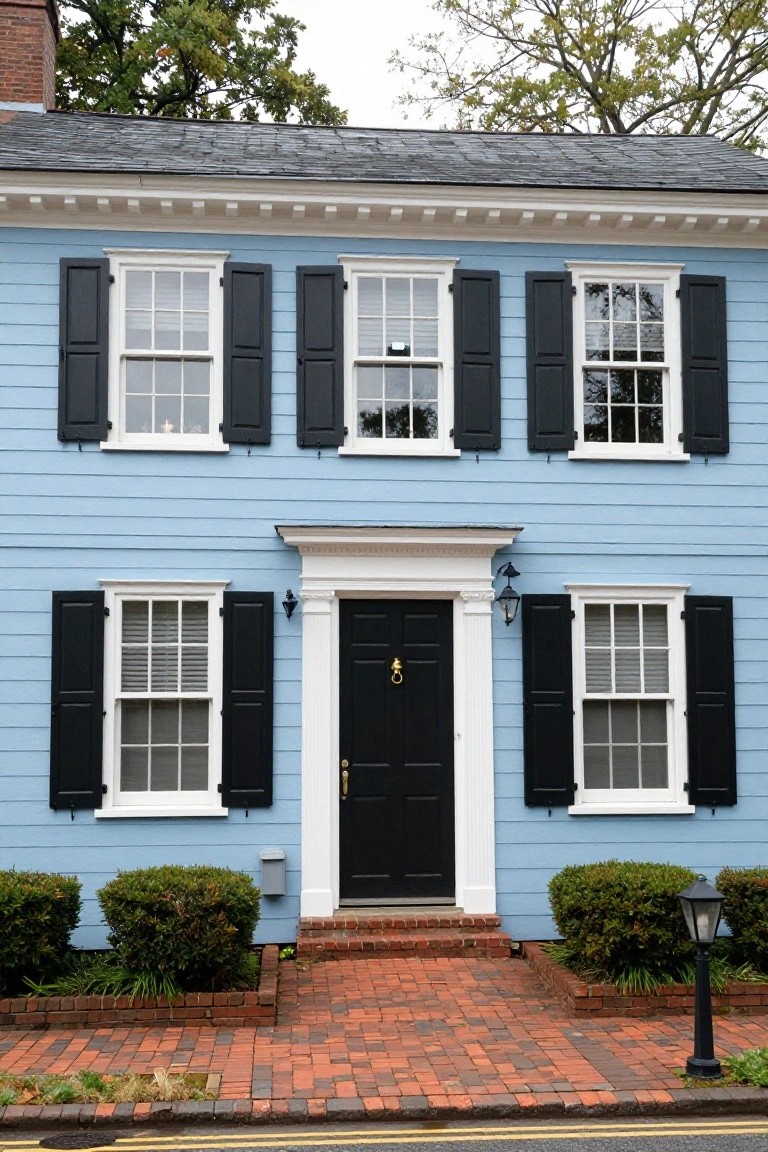 Two-story light blue clapboard house with black shutters, white window trim, black front door with gold knocker, brick walkway, small shrubs, and lamp post in front.