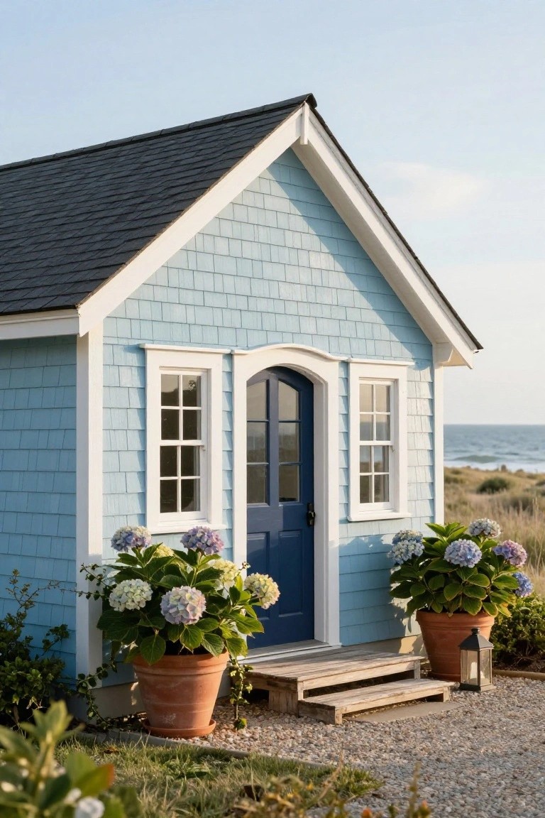 Small light blue shingled cottage with white trim, navy arched door, multipane windows, flanked by purple hydrangeas in terracotta pots, wooden steps to gravel path, beach and dunes in background.