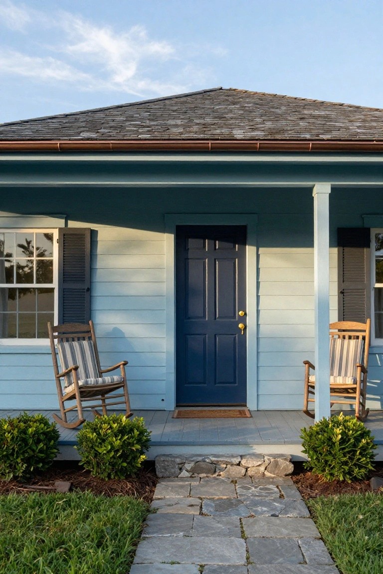 Light blue clapboard house with navy front door, white-trimmed windows with dark shutters, two rocking chairs on the front porch, boxwood shrubs, and a stone pathway leading from the grass lawn.