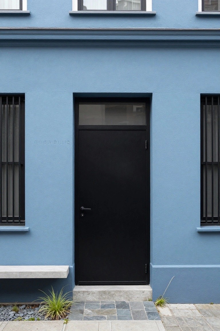 Blue painted house exterior featuring a black framed door with frosted glass panel, concrete side benches, slate entry steps, and low grasses on either side.