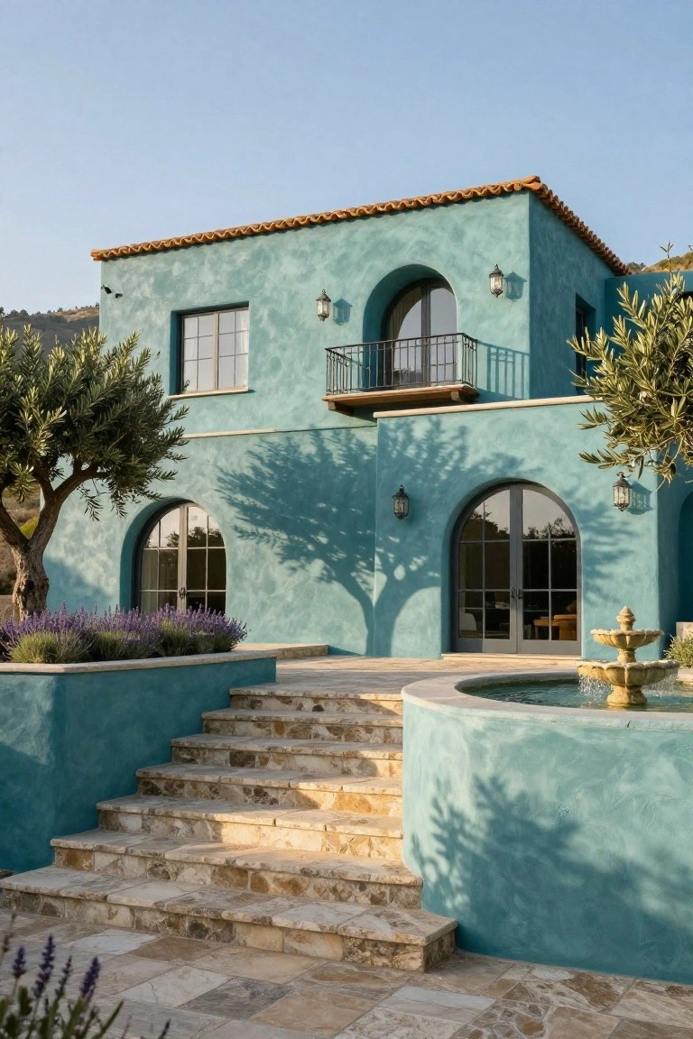 Teal stucco two-story house with terracotta tile roof, arched windows and doors, metal balcony railing, stone staircase, curved fountain, olive trees, and lavender plantings.
