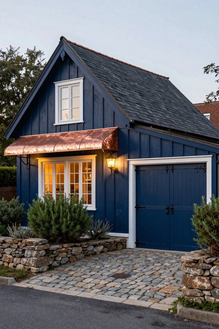 A small navy blue board-and-batten house exterior with a dark shingled roof, copper awning over illuminated windows, double blue garage doors, stone retaining walls with shrubs, and a cobblestone pathway.