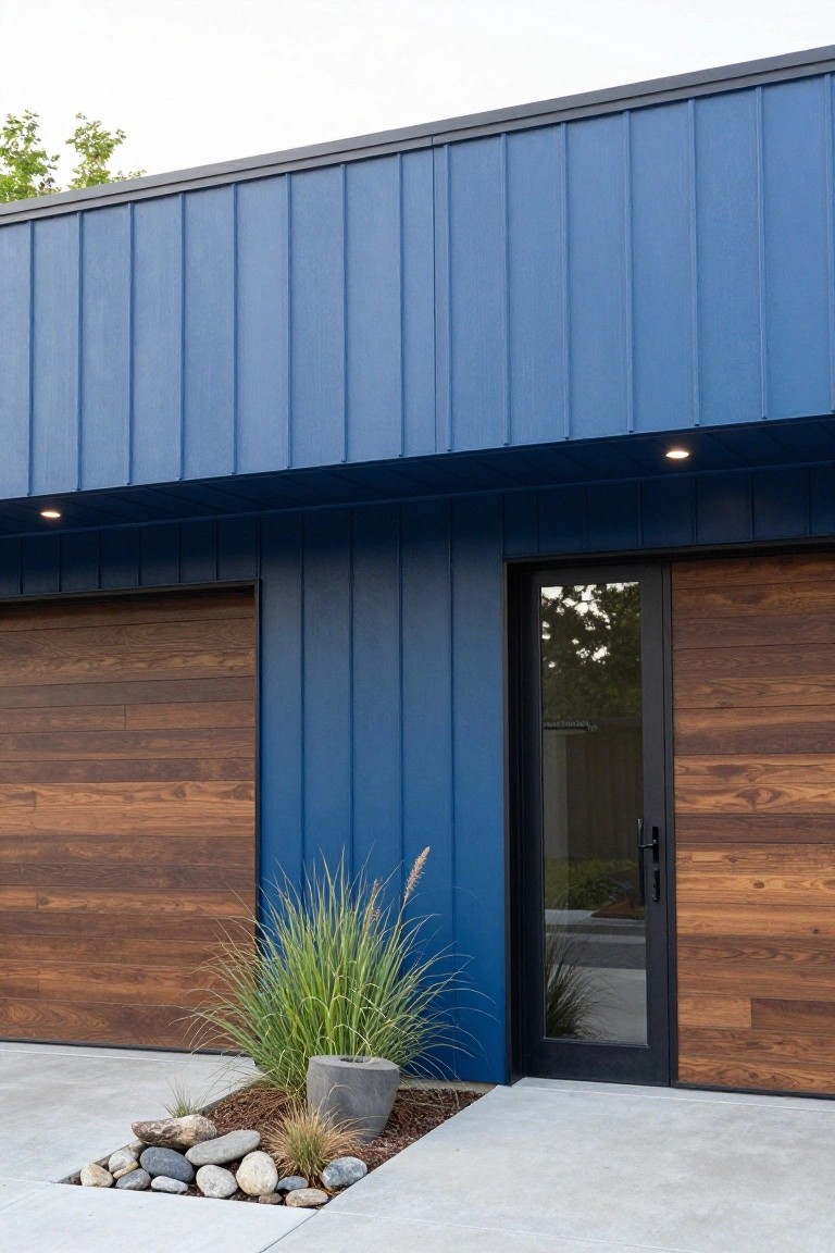 Modern house exterior with navy blue vertical plank siding, two wooden garage doors, a wooden entry door with glass panel and black frame, and a landscaped bed of rocks, mulch, pampas grass, and a gray pot next to a concrete driveway.