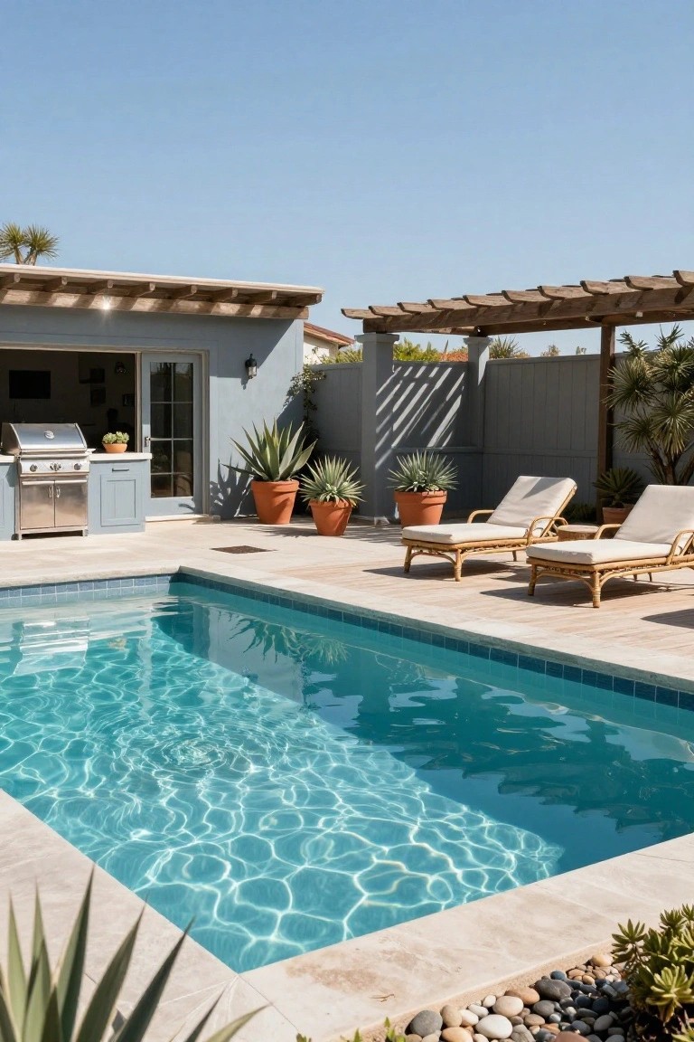 View of a rectangular blue pool next to a beige stucco house with open sliding glass doors to a kitchen, built-in stainless steel BBQ island, wooden lounge chair with cushions, gravel mulch beds with agave plants in terracotta pots, and potted succulents along the tiled deck edge.