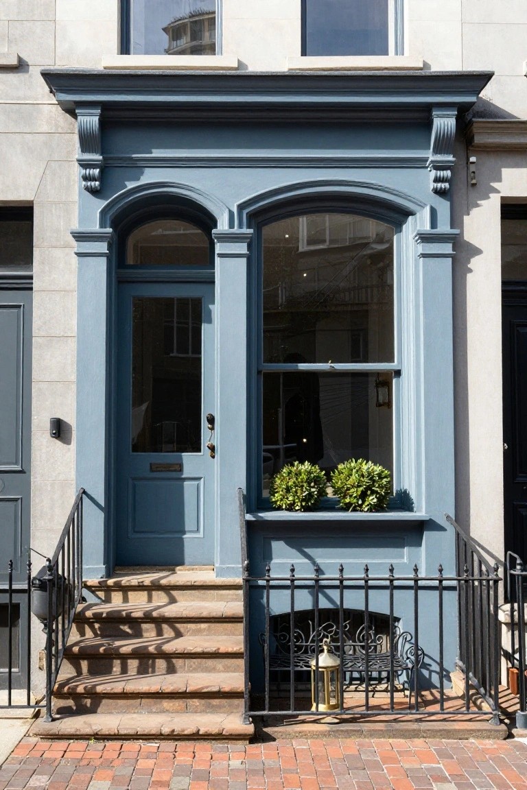 Blue-painted townhouse facade with glass-paneled entry door, arched transom window, boxwood plants in window box, brass lantern, and black iron railing on brick steps.
