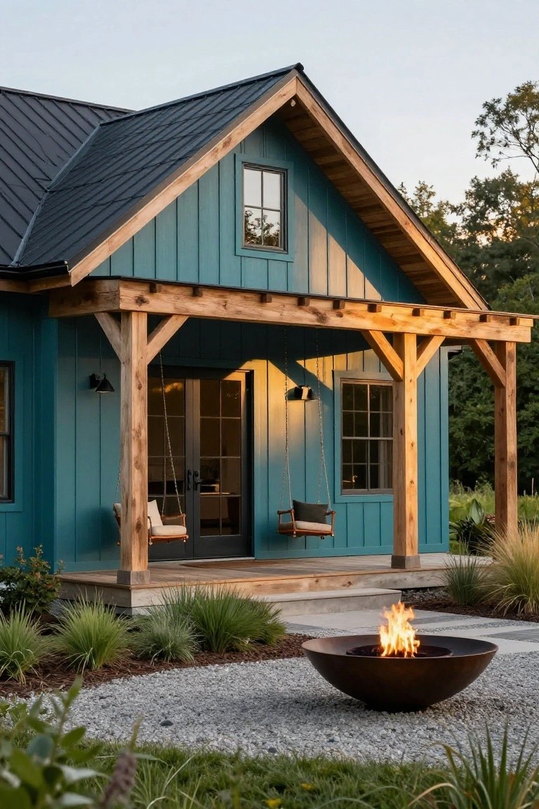 Teal blue board-and-batten house exterior with gabled roof, wooden porch supported by timber posts, hanging swings, glass doors, and a fire pit on gravel amid ornamental grasses.