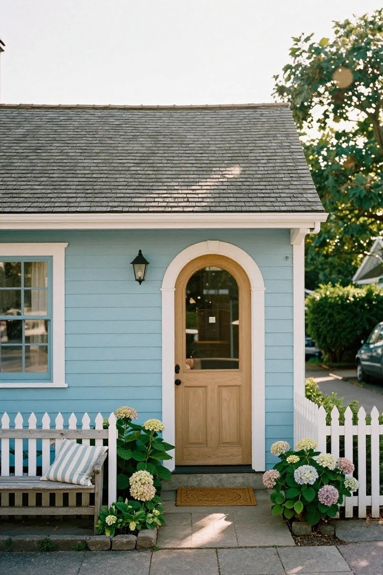 Light blue clapboard house exterior featuring an arched wooden front door with glass panel, white picket fence, hydrangea plants, wooden bench with striped cushion, and lantern light.