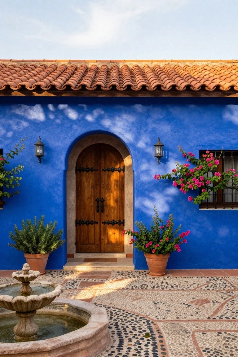 Bright blue stucco house exterior with terracotta tile roof, arched wooden door with black iron hardware, wall lanterns, bougainvillea and potted plants, and stone fountain on pebble and tile patio.