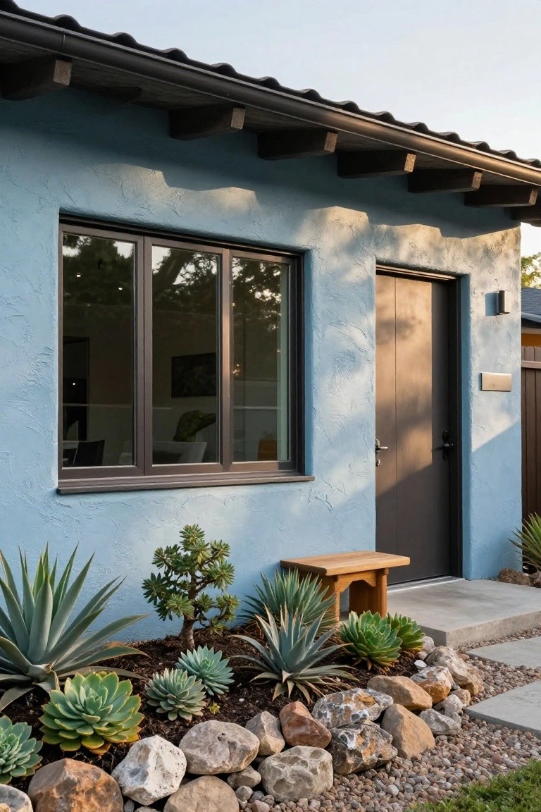 Light blue stucco house exterior with dark-framed window and door, wooden bench on entry step, and front yard planted with agaves, succulents, and bordered by rocks and gravel.