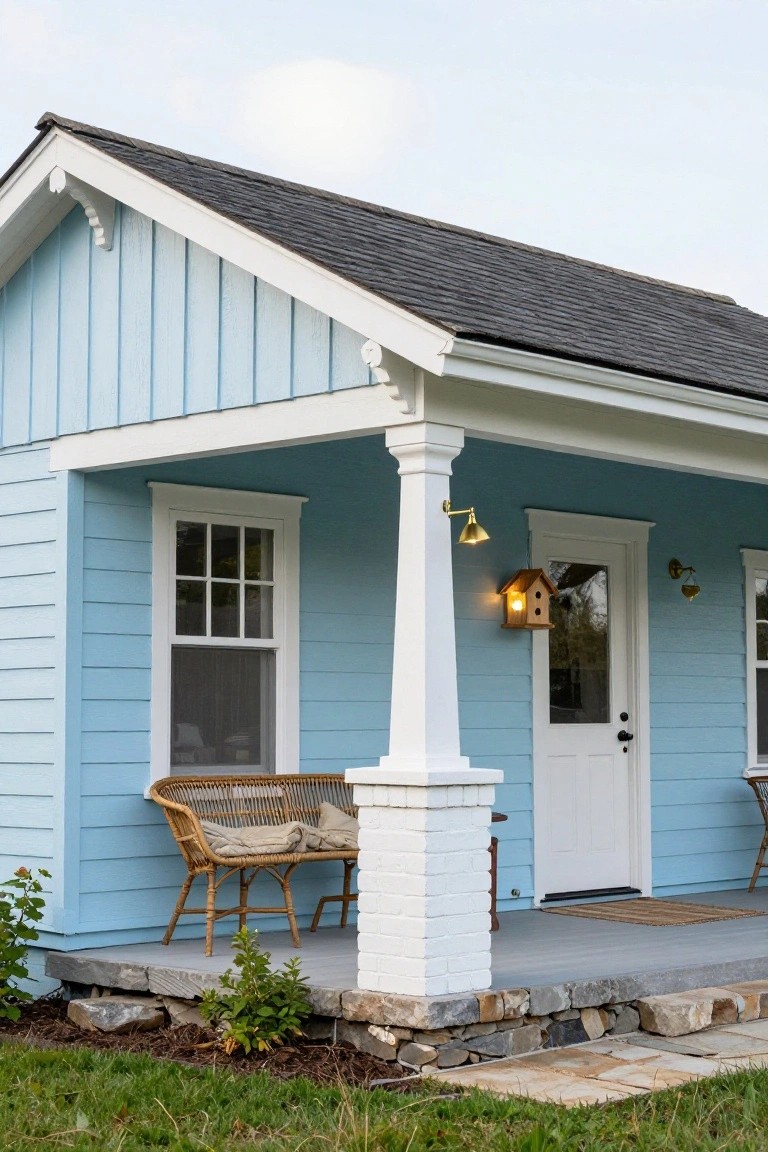 Light blue clapboard small house exterior with white trim, covered front porch supported by columns, wicker bench and chair, lanterns, birdhouse, white door, and stone edging on a grassy yard.