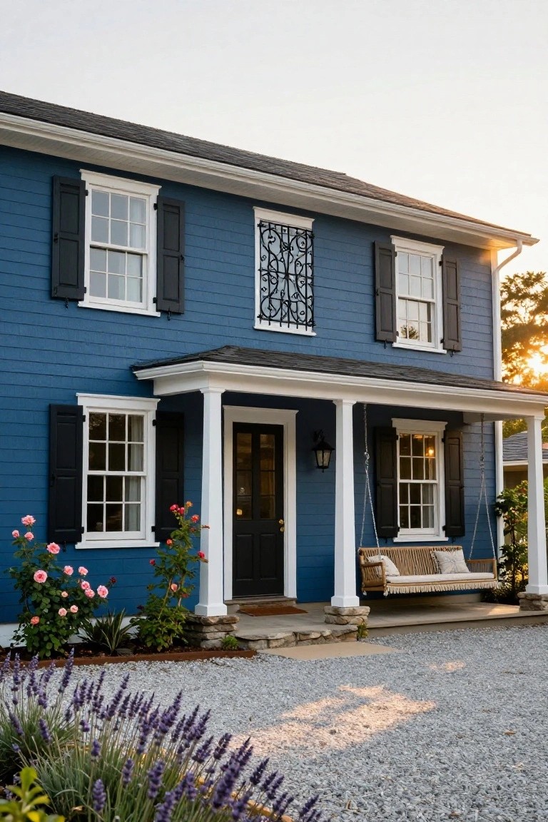 Two-story navy blue clapboard house with black shutters, white-trimmed windows, columned front porch with hanging swing and dark door, pink rose bushes, lavender plants, and gravel driveway at sunset.