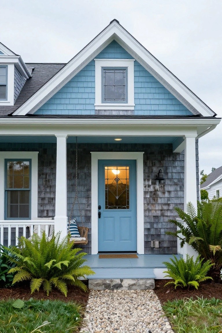 Front view of a blue shingled cottage house with white trim, gabled roof, covered porch featuring a hanging swing, blue stained-glass front door, ferns flanking the steps, and a gravel path.