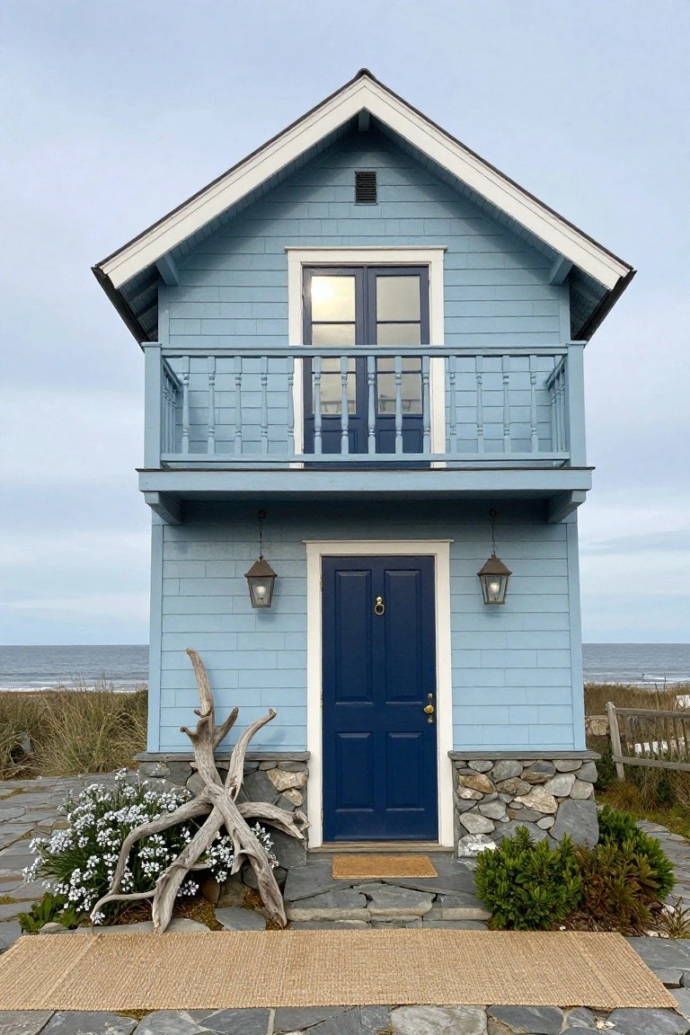 Two-story light blue clapboard house with white trim, second-floor balcony, navy blue front door flanked by lanterns, stone foundation, driftwood sculpture, beach grass, and seagrass mat on a paved path near the ocean.