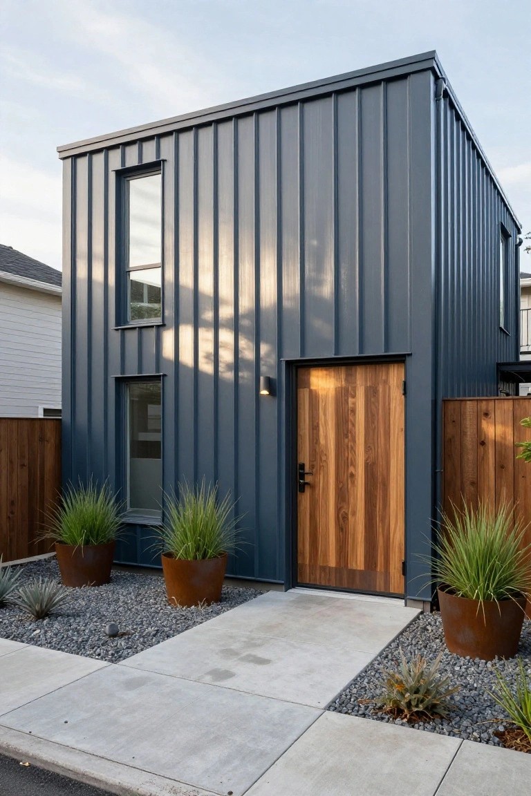 Corner view of a small cube-shaped modern house clad in dark gray corrugated metal siding with narrow windows, a large wooden front door, flanked by rust-colored pots of tall grasses, gravel mulch, and a concrete sidewalk.