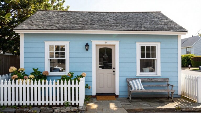 Light blue clapboard house exterior featuring an arched wooden front door with glass panel, white picket fence, hydrangea plants, wooden bench with striped cushion, and lantern light.