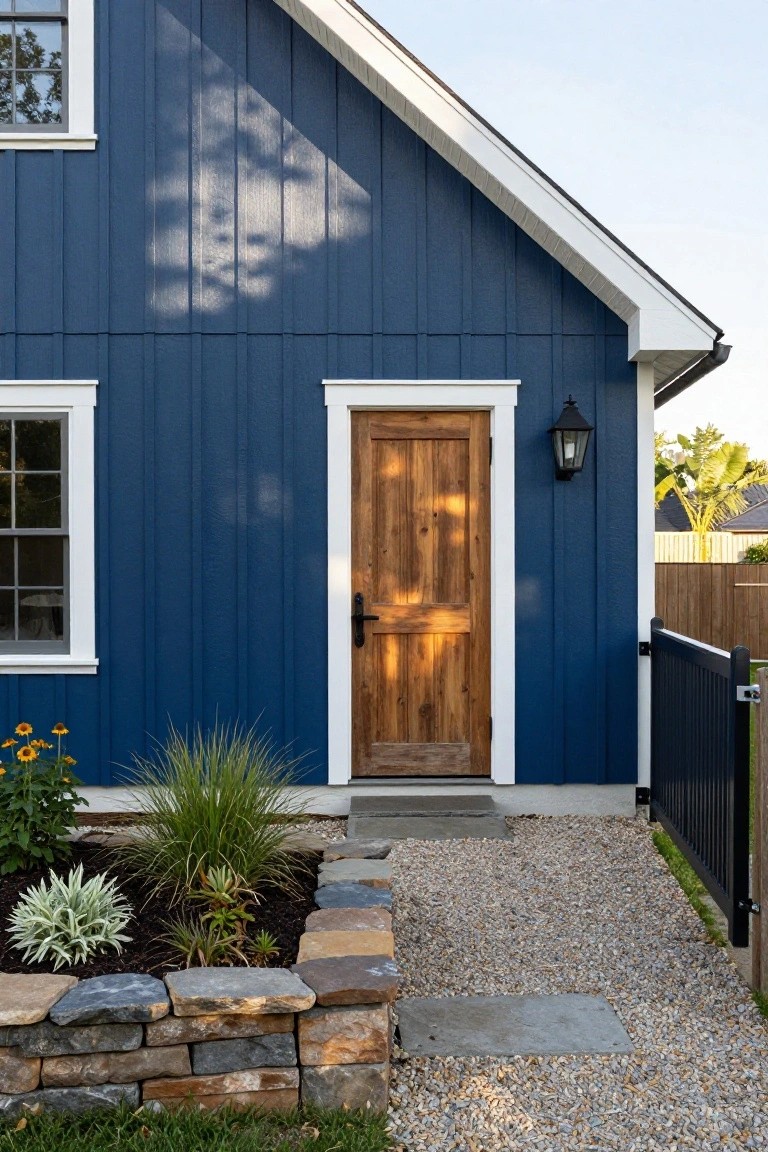 Side view of a small house with dark blue board-and-batten siding, a light-stained wooden double door entry with black handle, white trim window, black lantern light, front flower bed with stone edging, gravel path, and black metal fence.