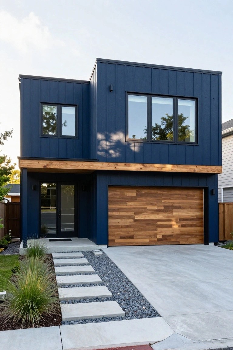 Modern two-story house exterior with navy blue vertical siding, warm wood slat garage door, glass front door under wooden overhang, concrete stepping stone path with gravel and grasses along the driveway.