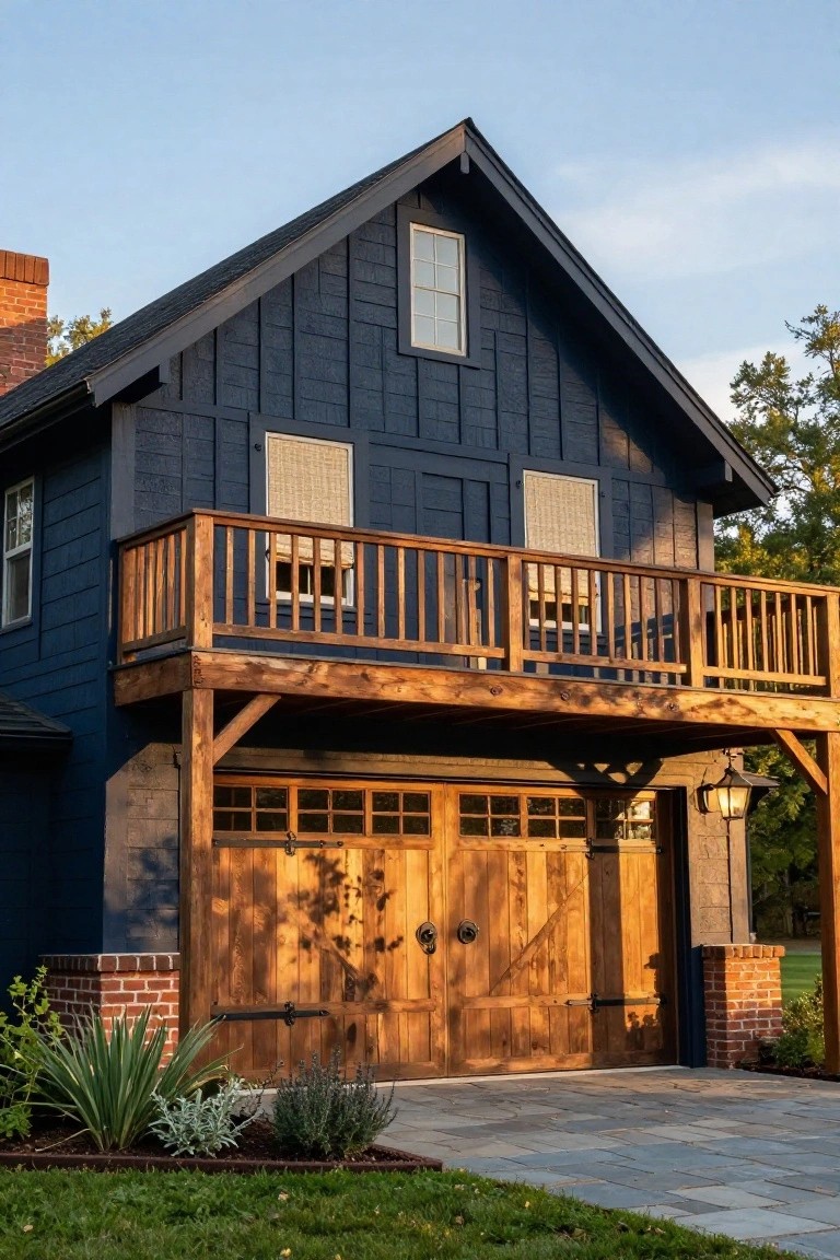 A two-story dark blue board-and-batten house with a wooden balcony, large wooden garage doors with iron hardware, brick chimney and accents, lantern light, and low plantings along a stone paver path.