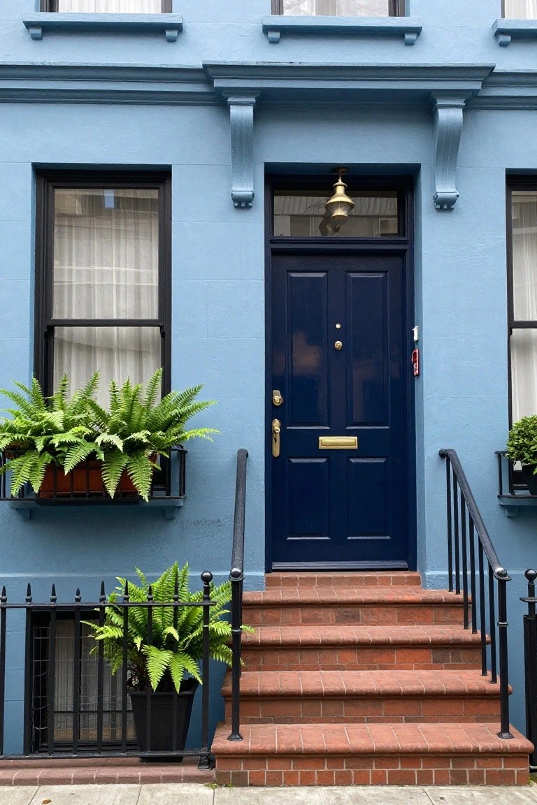Light blue painted townhouse facade with dark navy double front door, brass lantern and hardware, ferns in window boxes and pots flanking brick entry steps with black metal railing.