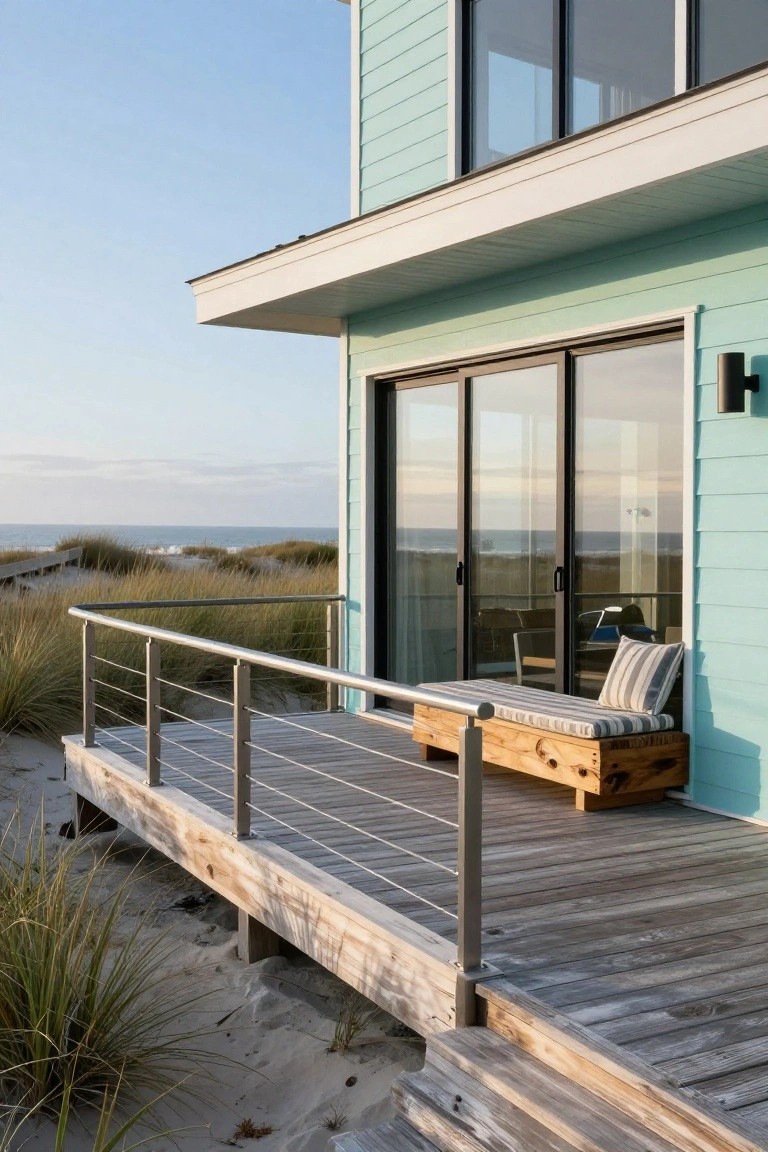 Side exterior of a light blue clapboard house with sliding glass doors opening to a weathered wood deck that has stainless steel cable railings and a wooden bench, next to beach dunes and ocean.