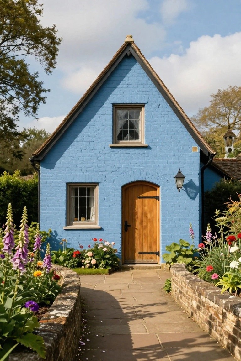 Small blue-painted brick cottage with gabled roof, wooden arched door, lantern light, windows, flower beds with foxgloves and other plants, and stone pathway.
