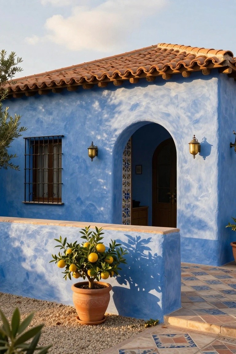 Bright blue stucco house exterior with curved terracotta tile roof, arched wooden front door flanked by brass lanterns, wrought iron window with bars, tiled accents, and potted orange tree by beige stucco wall on gravel ground.