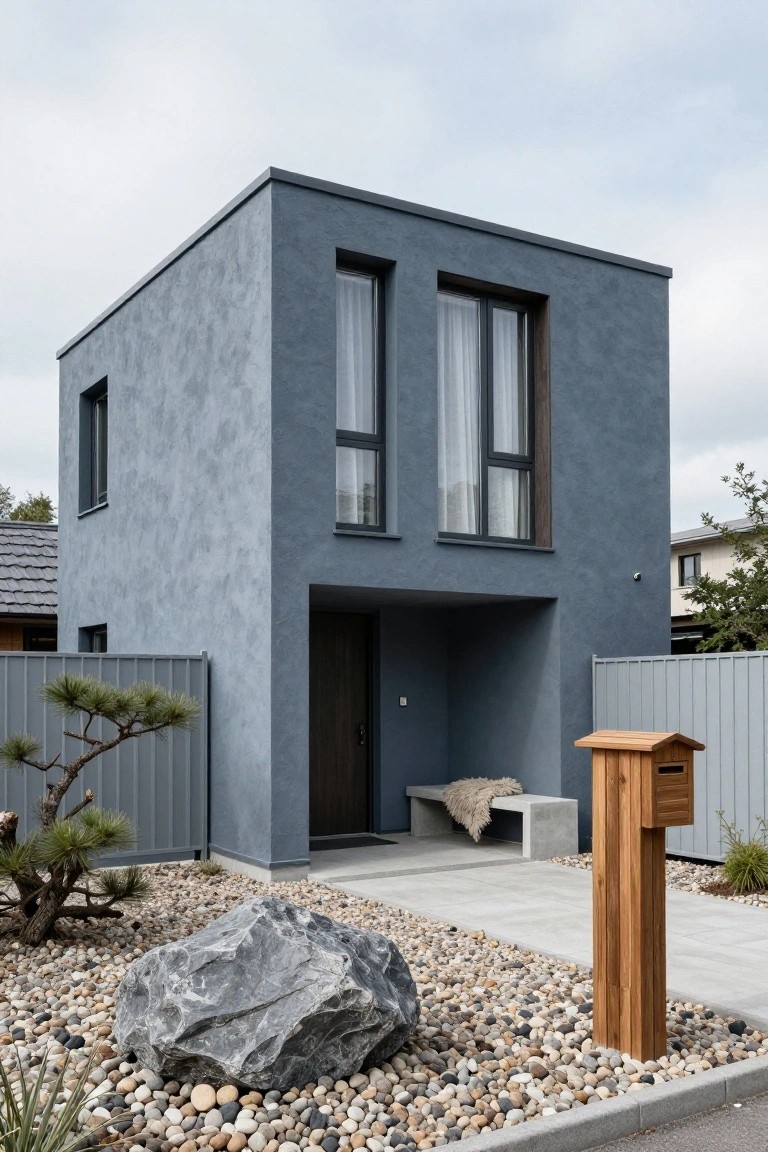 Modern cubic house with textured blue walls, vertical windows, recessed wooden front door and concrete bench under covered entry, wooden mailbox post, gravel yard with large gray boulder and small pine trees, metal fence, and neighboring houses in background.
