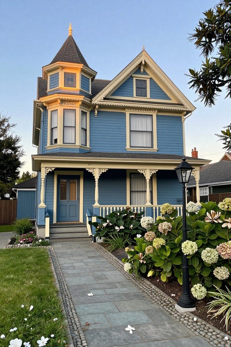 Blue Victorian house with turret, cream trim, front porch, bay windows, stone entry path, and hydrangea plantings in the front yard.