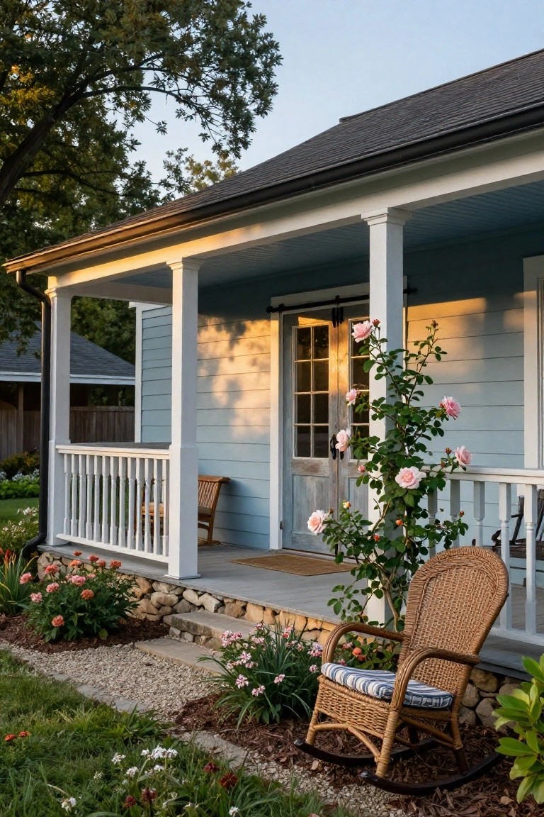 Light blue clapboard house exterior with covered front porch supported by white columns, glass-paneled wooden door, climbing pink roses on porch post, wicker rocking chair with cushions, stone foundation, gravel path, flower beds, and surrounding trees at dusk.