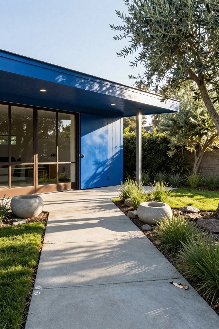 Blue painted modern house exterior featuring a cantilevered blue overhang above a wooden entry door and large glass windows, with a concrete walkway lined by large round stone pots, ornamental grasses, and an olive tree nearby.
