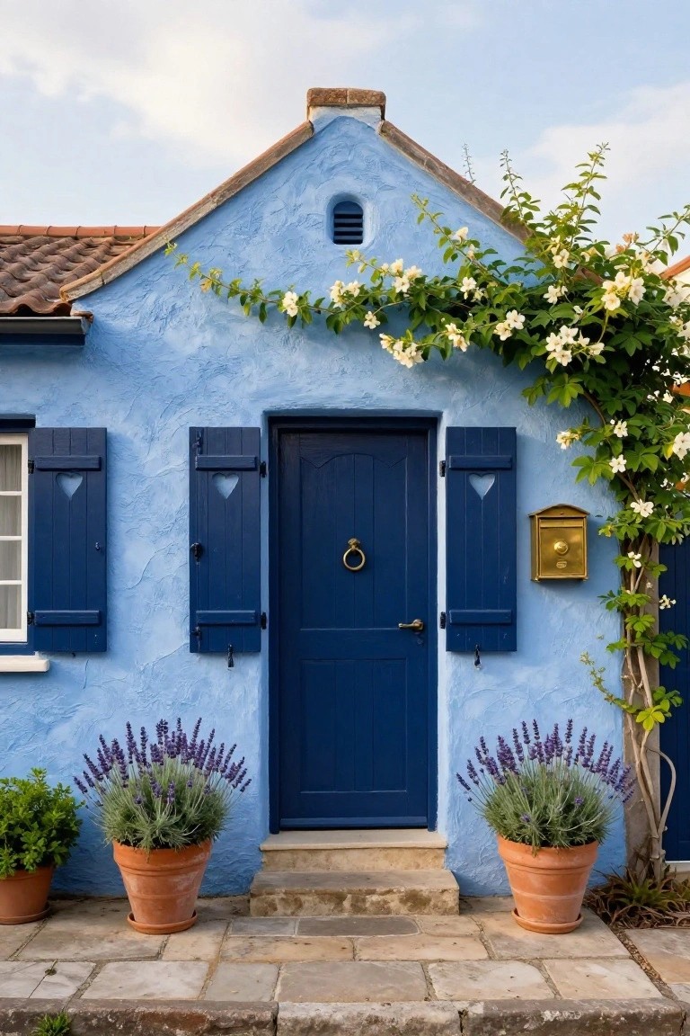 Light blue stucco house exterior featuring a dark blue front door with gold knocker, flanked by two large terracotta pots of blooming lavender on stone steps, navy shutters with heart cutouts on windows, and climbing vine with white flowers draping the right wall.