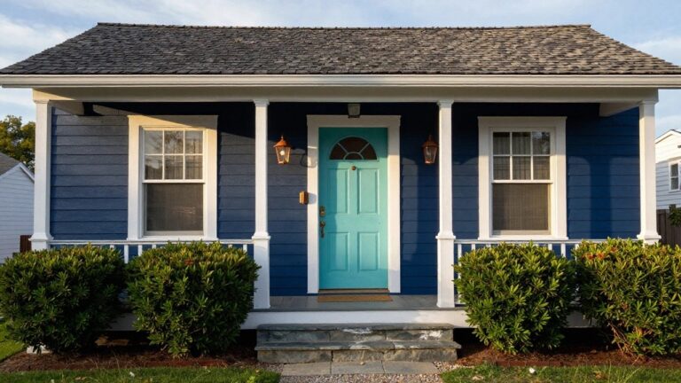 Front exterior of a two-story navy blue shingle house with white trim, teal arched door on columned porch, boxwood shrubs, stone steps, and gravel path.
