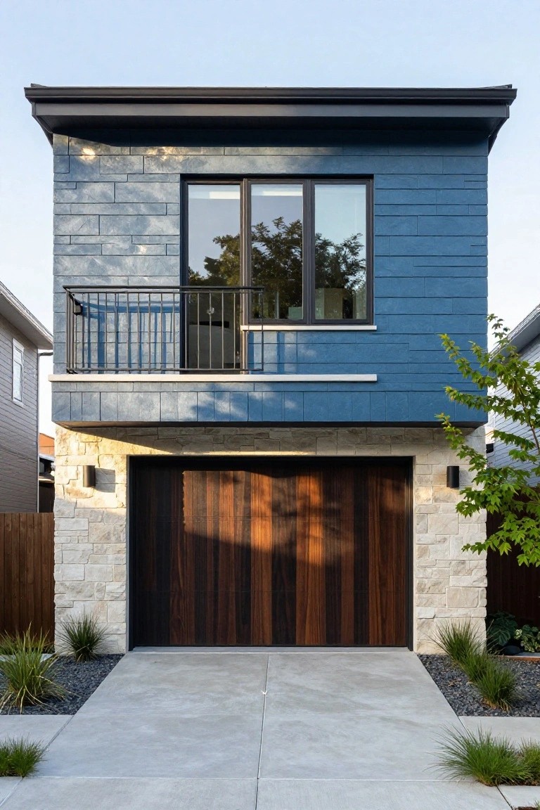 Front exterior of a two-story modern house with blue vertical plank siding, dark wood slat garage door, metal balcony railing, light stone side walls, wall lights, and sparse gravel landscaping along a concrete driveway.