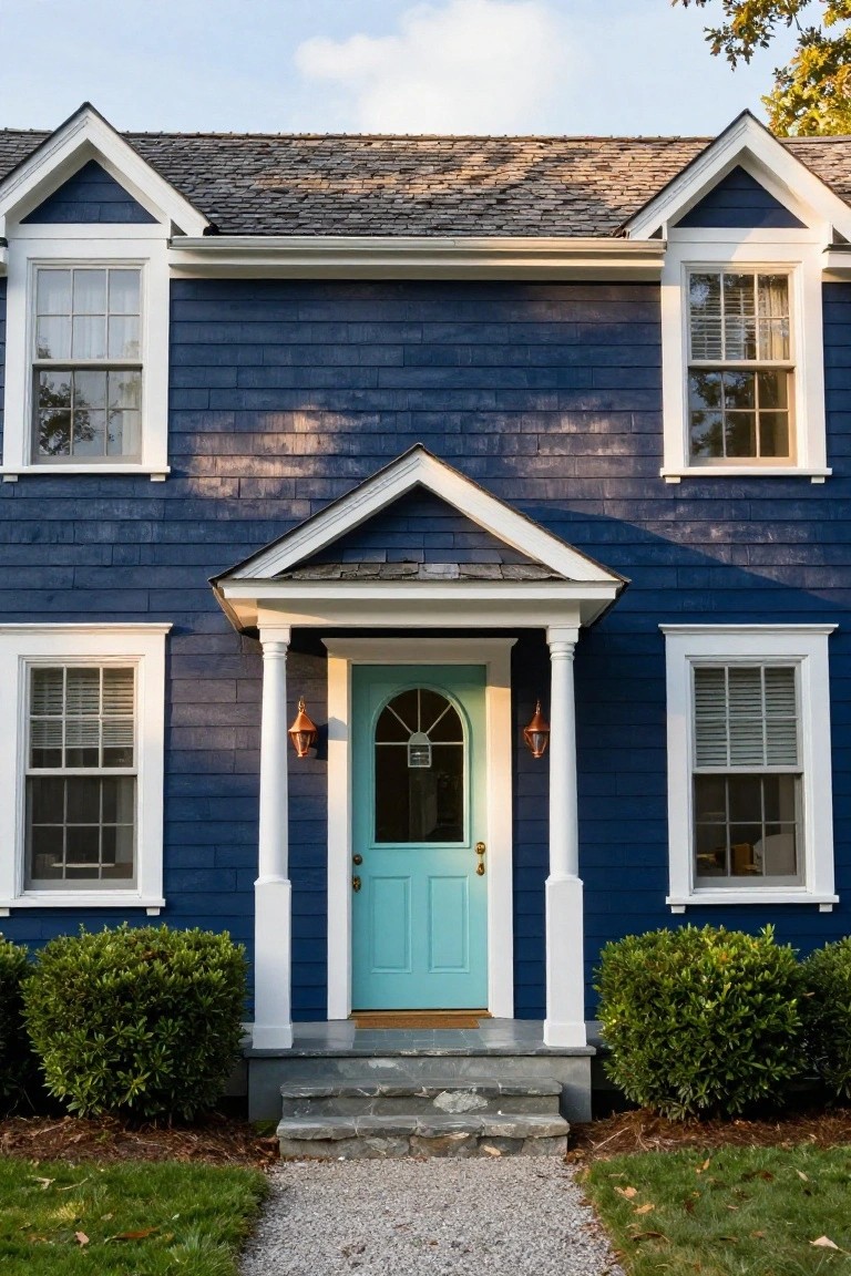 Front exterior of a two-story navy blue shingle house with white trim, teal arched door on columned porch, boxwood shrubs, stone steps, and gravel path.