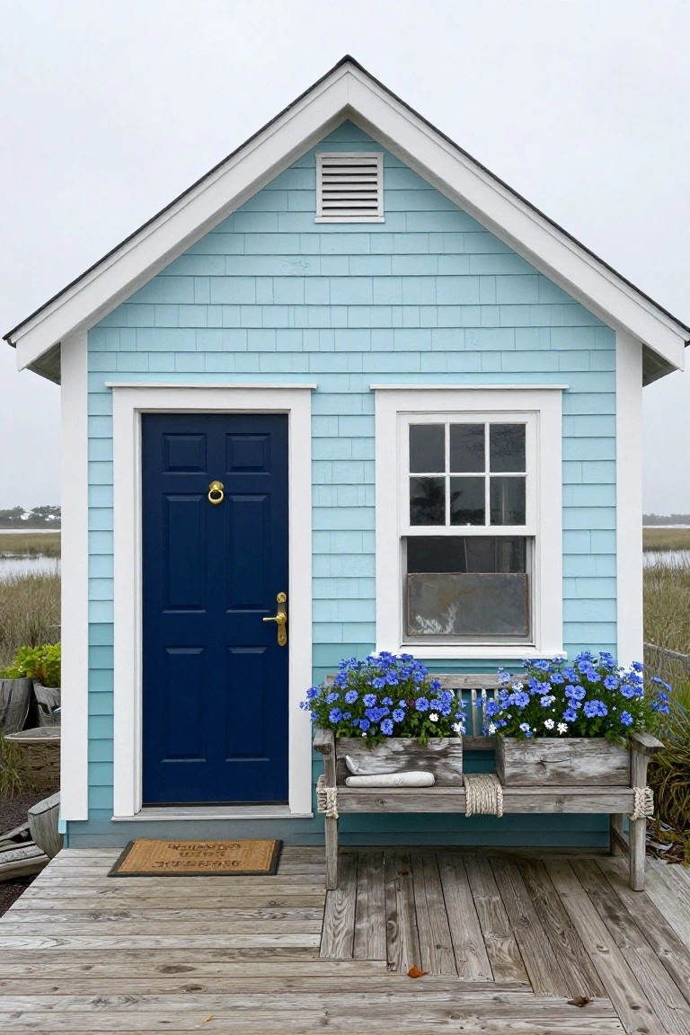 Small light blue shingled house with navy blue front door, white window trim, flower box with blue flowers, wooden planter bench, and doormat on a deck near marshy water.