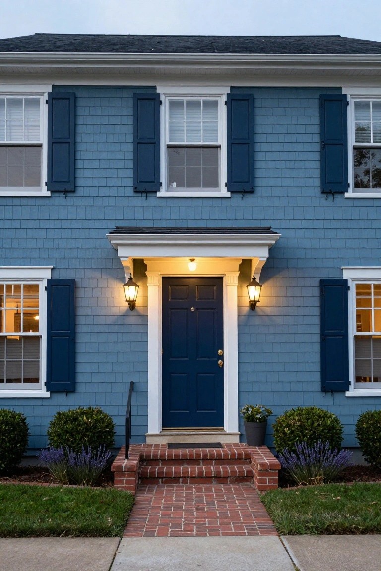 Front view of a two-story house with light blue shingle siding, navy blue front door and shutters, white trim, brick entry steps, lantern lights, and small shrubs.