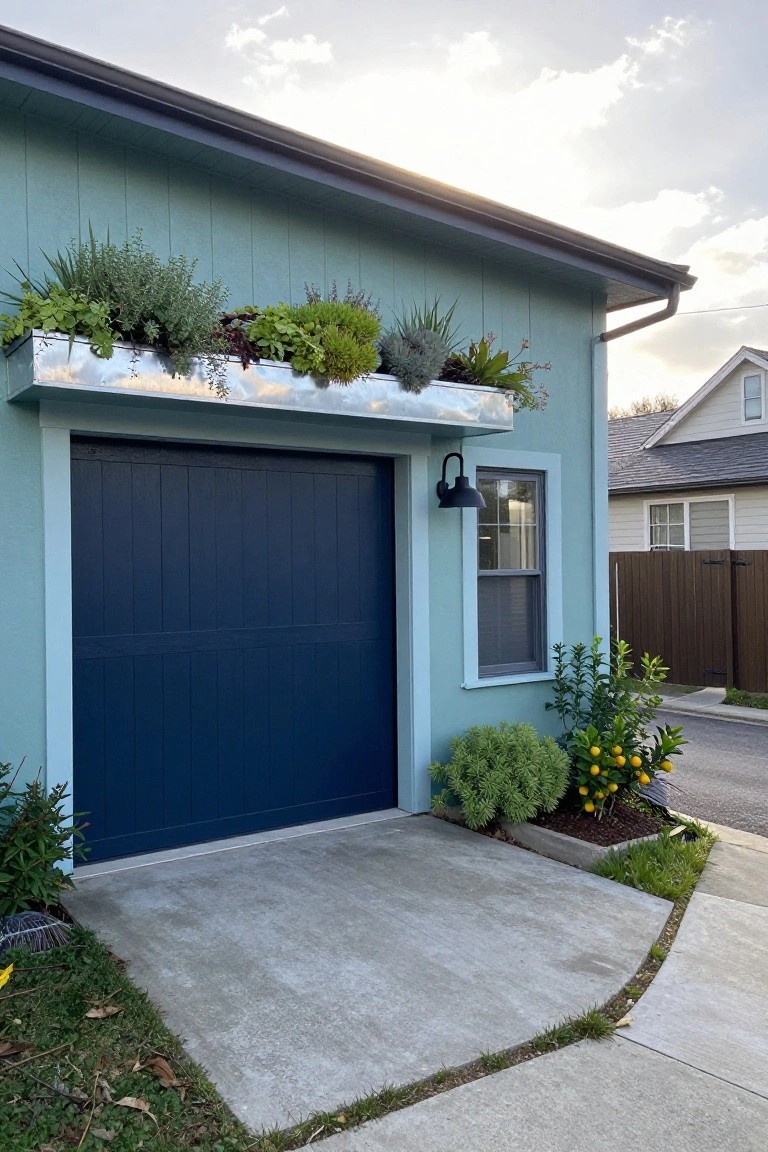 Teal house exterior with dark navy vertical plank garage door, shiny metal planter box overflowing with succulents, herbs, and grasses mounted above the door, black wall light beside a small window, shrubs and yellow-fruited citrus plant at the base, concrete driveway apron.