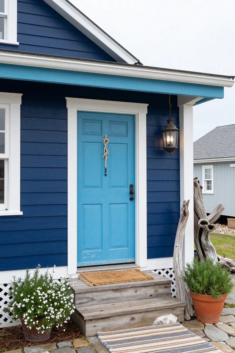 Front view of a two-story navy blue clapboard house with white trim, a bright turquoise paneled front door with rope decoration, hanging lantern light, wooden porch steps, potted plants, and driftwood nearby.